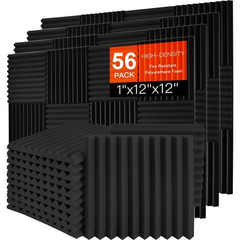 Lot de 56 panneaux acoustiques en mousse - 2,5 x 30,5 x 30,5 cm - Insonorisants pour mur - Résistant au feu - Isolation acoustique - Pour bureau, maison et studio - Noir (1/5)