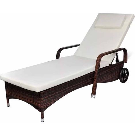 Chaise longue avec coussin et roues Résine tressée Marron vidaXL