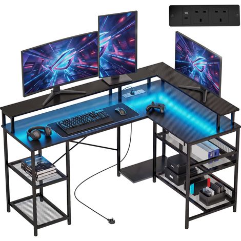HOMCOM L Shaped Gaming Desk w/ LED Lights and Power Outlets, Black (1/5)