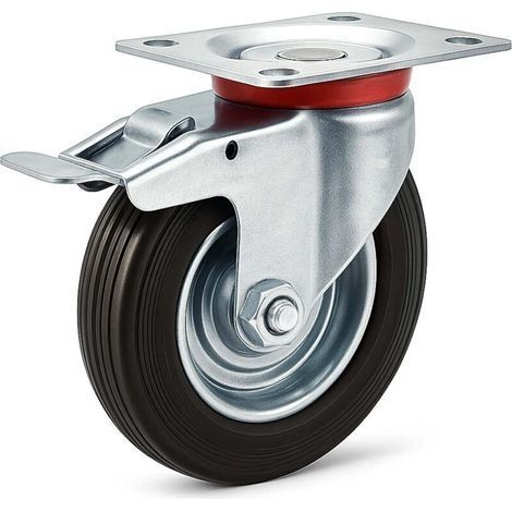 Roues Charge Lourde Jeu de 2 125 mm, pivotent à 360°, roulement à Billes, 2 Freins, capacité 320 kg, Noires (1/4)