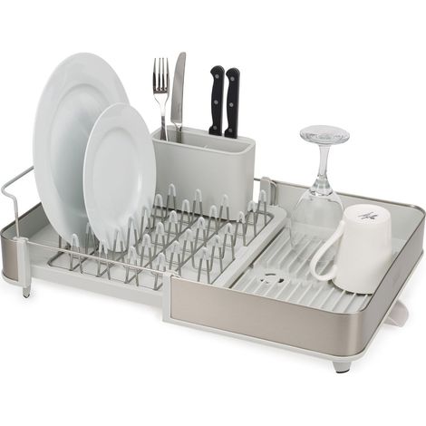 Séchoir à Vaisselle Extensible avec Compartiment à Couverts Amovible, Bec D'Égouttage Pivotant, Acier Inoxydable (1/5)