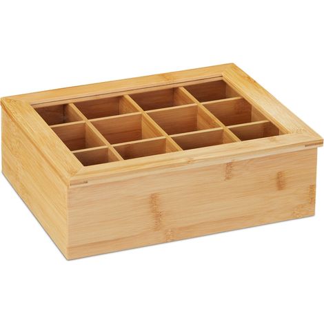 Boîte à thé de rangement design moderne 12 compartiments accès facile en bambou naturel (1/4)