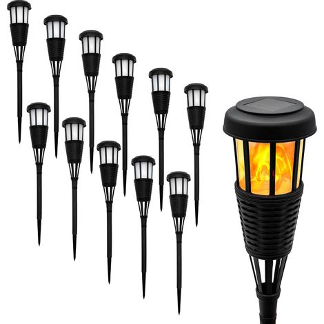 Lot de 12 torches de jardin solaires à LED, aspect rotin, 48 x 10 cm, avec effet vacillant, éclairage décoratif de jardin, piquet de parterre, lampe de chemin avec effet flamme (1/5)