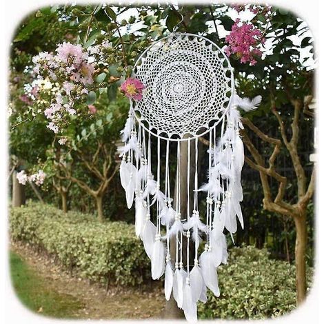 Grand attrape-rêves bohème avec plumes blanches, suspension murale en macramé pour mariages à thème vintage ou décoration intérieure, cercle de 35 cm de diamètre, 115 cm (1/5)