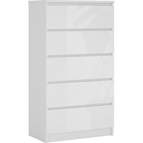 Commode 5 Tiroirs : Blanc Mat / Blanc Brillant, 70 × 39 × 125 cm (1/5)