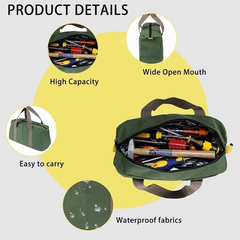 Sac à outils à large ouverture 13 pouces, petit sac à outils en toile polyvalent, sac à outils étanche pour outils lourds, organisateur de sac à outils d'électricien professionnel (petit) (1/4)
