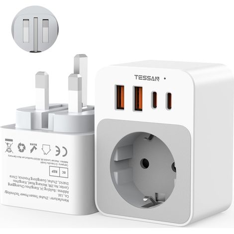 Adaptateur Prise Anglaise Pliable avec PD 20W avec 2 USB C  1875W Adaptateur UK vers France, Prise UK pour Irlande, Dubaï, Écosse, Saoudite, Seychelles, Malte, Kenya, Type G (1/5)