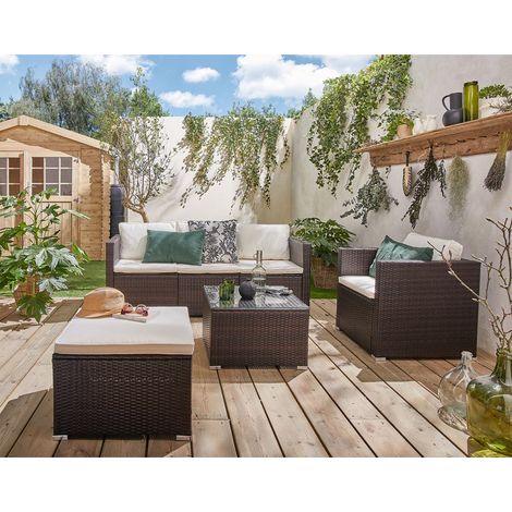 Wanaka - gartenmöbel set für 5 personen - geflochtenes polyrattan und beigefarbene kissen - braun / beige (1/5)