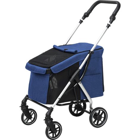 Poussette pour chiens pliable, chariot de transport léger avec oreiller lavable et fenêtre en treillis, bleu foncé