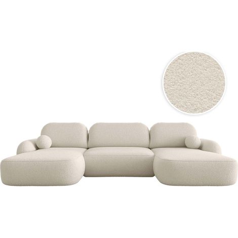 Canapé panoramique convertible 6 places MILLY avec coffre en tissu bouclette - Beige (1/5)