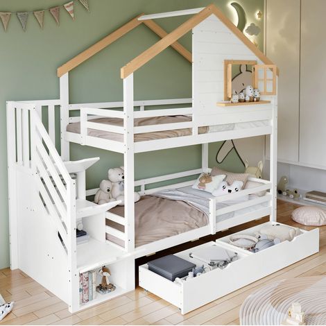 Cama litera infantil con almacenaje ventana y escalera OKMYHOME (1/5)