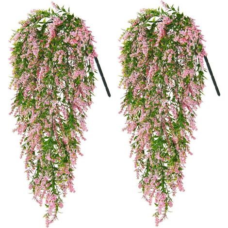 Fleurs Artificielles Murale Résistant UV Déco Maison Intérieur et Extérieur Panier Végétal Lavande & avec Lianes 2Pièces 55cm Rose (1/5)