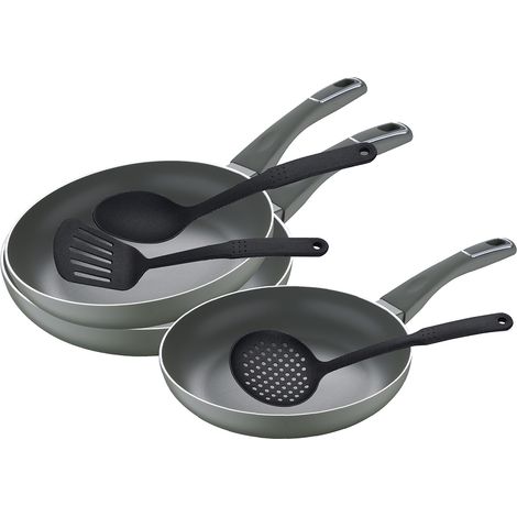 Juego de sartenes (20,24 y 28 cm) San Ignacio Trebol de aluminio prensado y set de utensilios de cocina en nylon (1/5)