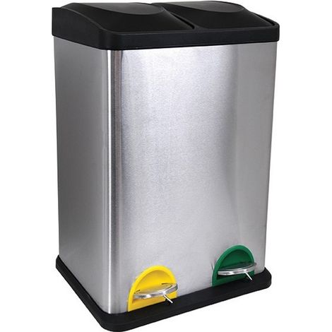 MSV – Poubelle à pédale inox 2x20L brossé – Tri sélectif silencieuse avec pédales antidérapantes – Seaux amovibles faciles à nettoyer