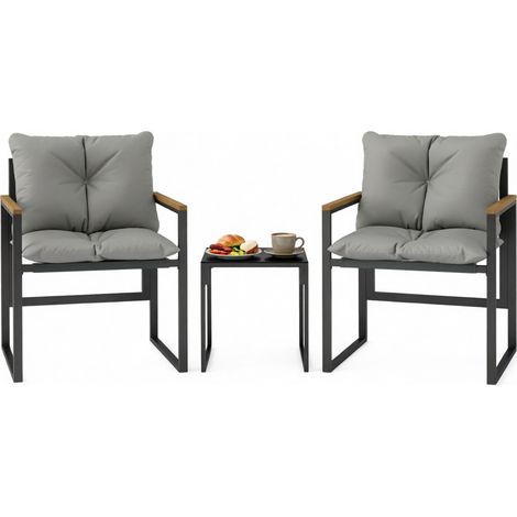 Set da giardino 3 pezzi con 2 poltrone e tavolino in metallo nero e grigio (1/5)