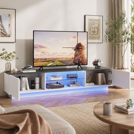 Meuble TV 140×32×35 cm, 2 ports, étagères en verre ouvertes, meuble de salon, lumières LED, armoire télévision, grande capacité, sans poignées, panneau brillant, style moderne, Blanc (1/5)