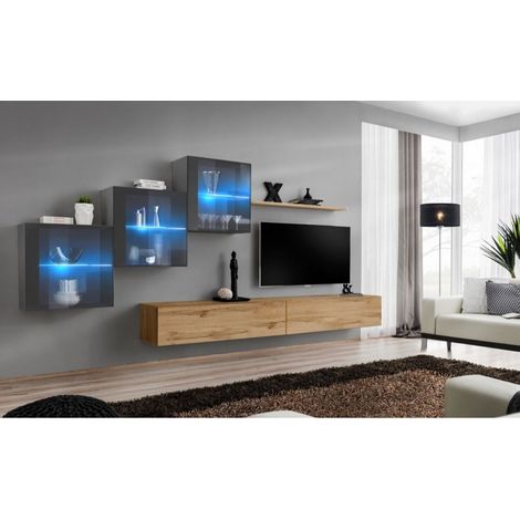 Ensemble mural - Switch XX - 3 vitrines - 2 bancs TV - 1 étagère - Bois et graphite - Modèle 2 - Livraison gratuite