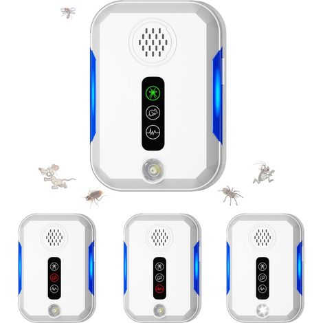 Ultrason Souris et Rats, 4 Pcs Intérieure Repulsif Souris avec 4 Modes Appareil Ultrason pour Nuisible Repousse Rats Moustiques Araignées Mouches Punaises Sûr pour Enfants et Animaux