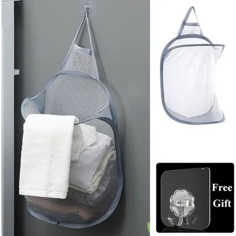 Panier à linge pliant organisateur pour vêtements sales salle de bain vêtements maille sac de rangement ménage tenture murale panier cadre seau gris (1/4)