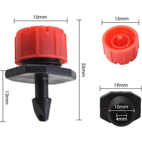 Goteros de riego con conexión de manguera de 1/4 de pulgada para mangueras de 4 mm/7 mm - 100 unidades, PP rojo/negro, caudal ajustable de 1 a 70 l/h, tamaño 25 x 15 mm, riego sin obstrucciones. (1/3)