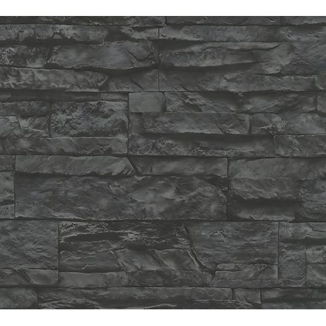 Empapelado aspecto piedra azulejos Profhome 707123 papel pintado no tejido ligeramente texturado con dibujo naturaleza mate gris negro 5,33 m2