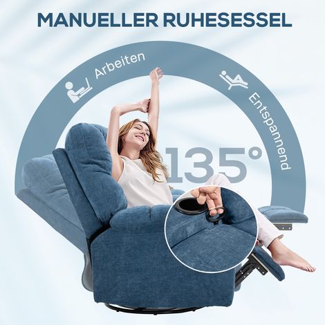 Fauteuil relax inclinable 360° avec repose-jambes, capacité 150 kg, cadre en métal, 88x96x108 cm, bleu profond.