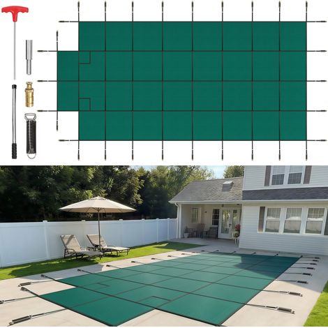 Couverture de sécurité pour piscines creusées 5,5x11 m, maille verte avec marches d'extrémité centrales 1,2x2,4 m, couverture de sécurité solide pour piscine d'hiver, résister au soleil, au vent (1/5)