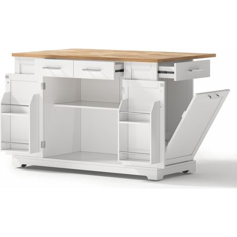 Isla de cocina 138 cm con encimera abatible, enchufe, ruedas y cubo extraíble, blanco