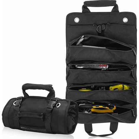 Roll Up Canvas Tool Bag, Heavy Duty Tool Bag with 2 Detachable Pouches and 4 Large Tool Pouches for Mechanic/Electrician/Motorcycle/Truck (Black) (1/5)