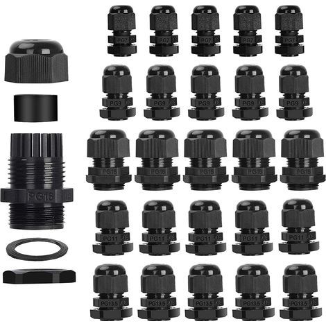 25 Pcs Cable Glands, Waterproof PG7, PG9, PG11, PG13.5, PG16 Locknut Adjustable Cable Gland 3-15mm Plastic Waterproof Cable Connectors (1/5)