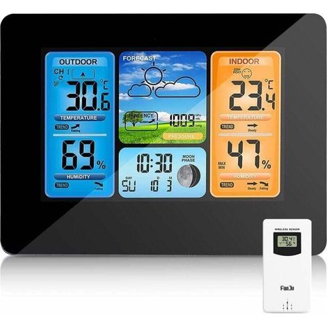 Stazione meteorologica wireless con previsioni digitali a colori, avvisi e visualizzazione di temperatura/umidità/barometro/sveglia/orologio lunare/meteo con sensore esterno. (1/4)