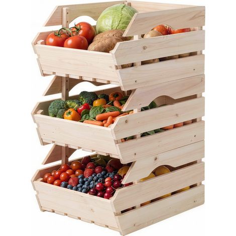 Support de corbeille à fruits en bois de sapin 3 étages amovibles, pour fruits et légumes, 27x37.5x60cm