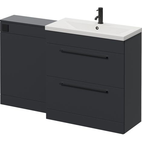 Napoli 390 Cento Gloss Grey 1400mm 2 Drawer Vanity Unit Toilet Suite with Glide Basin - 1400mm - Matt Black 480mm HandleWithout Kingston Toilet Pan