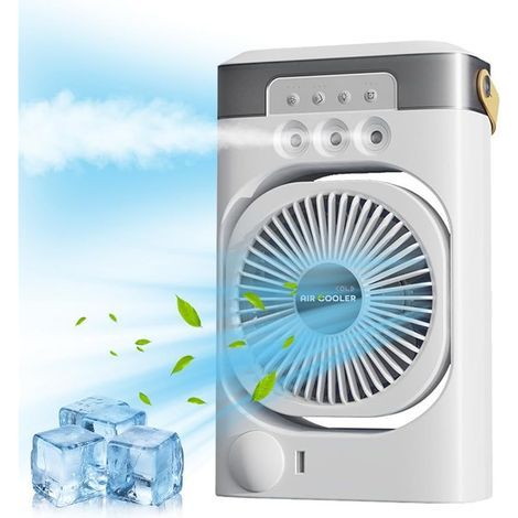 Ventilateur portable pour glaçons avec refroidisseur d'air à eau, mini ventilateur de refroidissement par évaporation 3 en 1 avec LED, minuterie, 3 vitesses de vent et modes de pulvérisation (1/5)