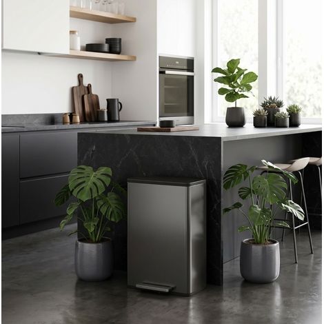 Cubo de basura de cocina de 45 L con pedal y tapa Soft-Close, cubo interior extraíble, acero inoxidable negro (1/5)