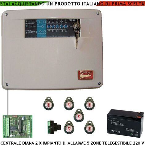 Diana Centrale 5 Zone Allarme 6 Chiavi TAG 2 Meccaniche Batteria 12 V 7 Ah per Impianto Antifurto Filare. Gestisce Sensori Con Comando Remoto Per Telegestione Uscita Sirene Combinatore SOS Telecamere (1/5)