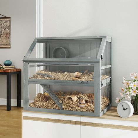 Gabbia per criceti in legno, 3 livelli con fondo profondo, livelli rimovibili, per piccoli animali, 80x50x76 cm, grigio chiaro