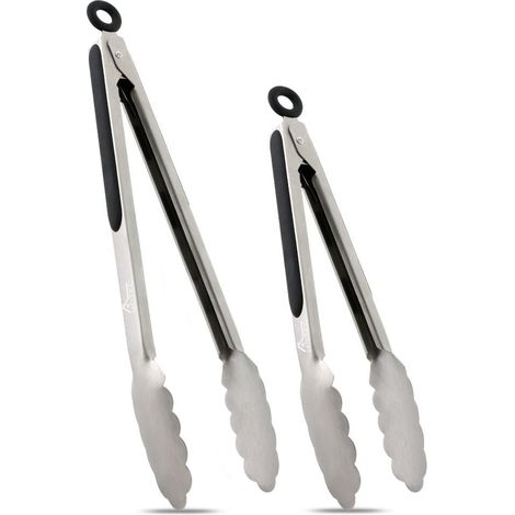 Ustensiles de cuisine en acier inoxydable, lot de 2 : pinces métalliques verrouillables de 23 et 30 cm, antidérapantes. (1/5)