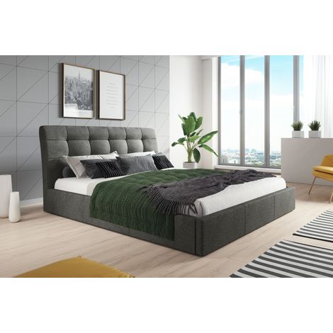Polsterbett 90x200 Grau Webstoff Stoff Bett mit Lattenrost aus Holz und mit Stauraum (1/2)
