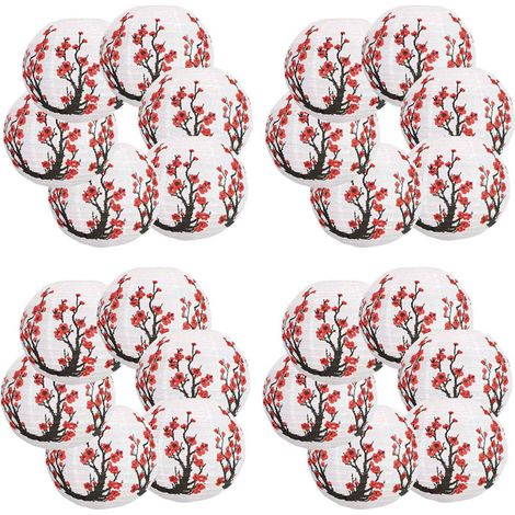 24 Pack 12 Pouces Rouge Cerisier Fleurs Lanterne en Papier Blanc Rond Chinois Japonais Lampe en Papier