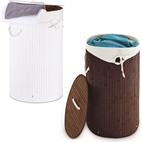 Panier à linge bambou, lot de 2, corbeille linge pliante, 80 L, sac intérieur coton, marron - blanc
