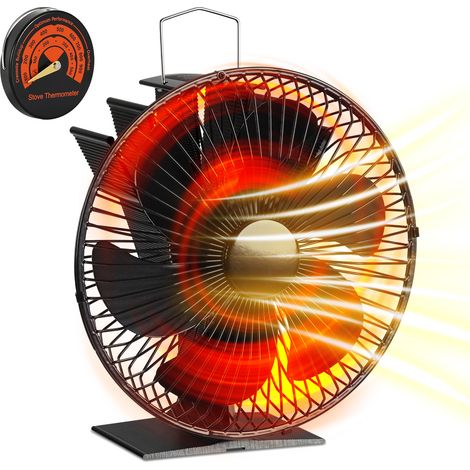 Jiubiaz Ventilador para estufa de 6 aspas con rejilla protectora, termoeléctrico silencioso, con termómetro, negro (1/5)