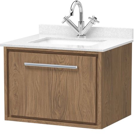 Longnor 1 Drawer Wall Hung Vanity Unit with Square Basin and Marble Worktop, Antique Oak, 600mm (1/4)