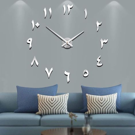 Mute DIY Horloge Murale sans Cadre avec Chiffres Arabes 3D Miroir Autocollant Décoration de Maison Bureau (Argenté) (1/5)