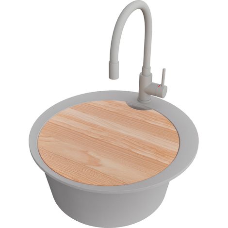 PRIMAGRAN Evier cuisine Granit Rond 50x50cm,Evier 1 bac + Robinet 38x14cm + Kit de Vidage + Planche à Découper, Lavabo Cuisine au meuble 45cm - Pise, Gris (1/5)
