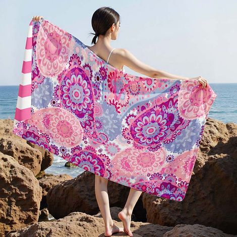 2 en 1, imprimé lettres, pliable et facile à ranger, séchage rapide double face en tissu éponge, serviette de plage, serviette de bain, 90 × 180 cm (1/5)