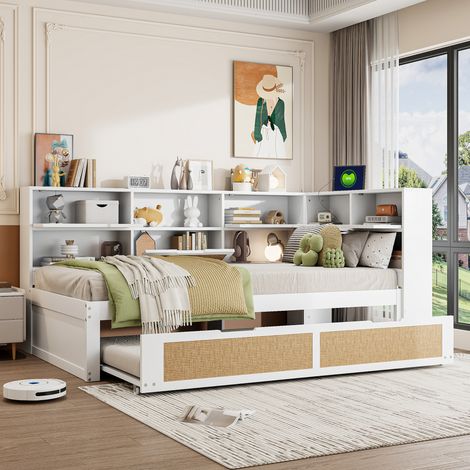 MEUBLIV Cama 90x200 cm blanca – con cama nido, almacenamiento y carga USB, sin colchón (1/5)