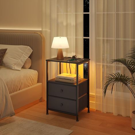 WOLTU 1x Mesita de noche cómoda con 2 cajones y LED negro
