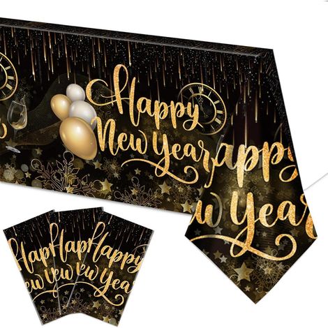 3er Set Tischdecken Frohes Neues Jahr 2026 Schwarz Gold 108x180cm Wasserabweisend