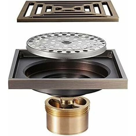 Drain De Douche Carré, Déodorant De Drain De Plancher De Douche Bronze Antique De 4 Pouces avec Grille De Couverture Amovible Drain De Douche De Salle De Bain (1/4)